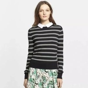 Veronica Beard Black and White Striped Knit Sweater with White Collar